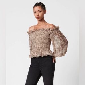 All Saints Lara Pink Polka Dot Off-Shoulder Blouse